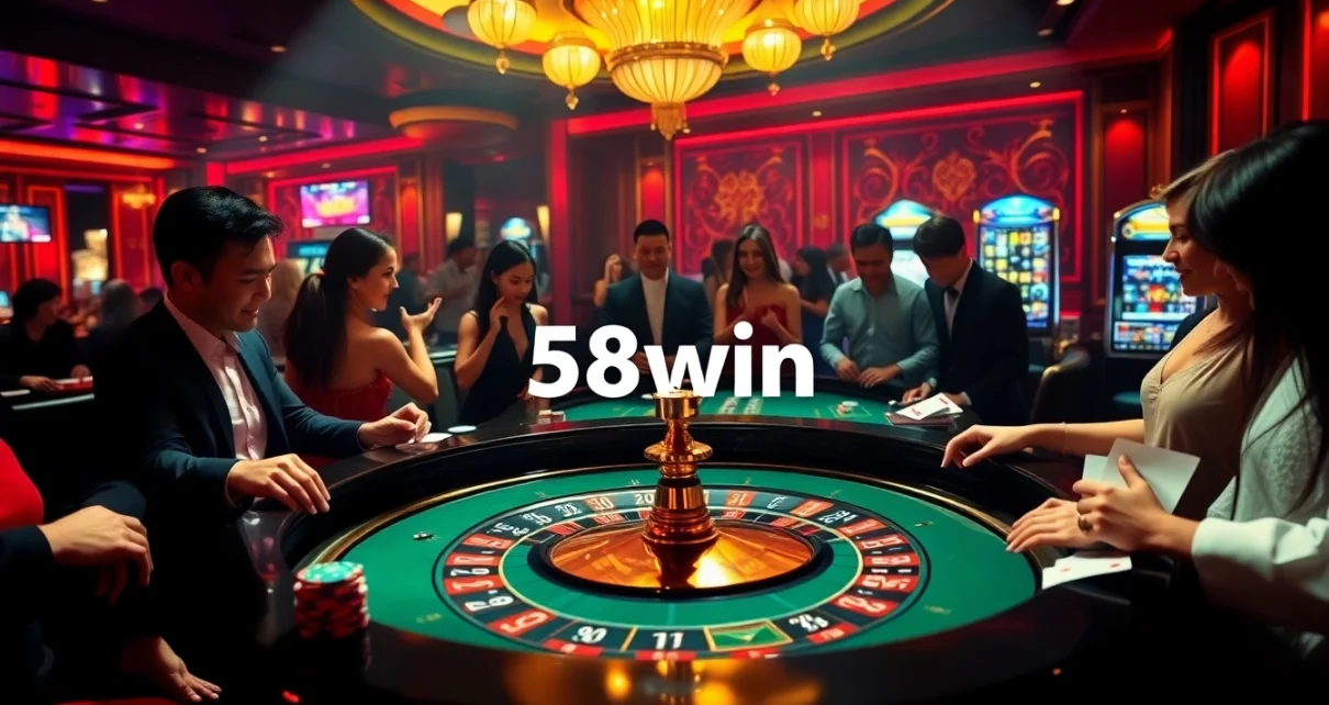 Players engaging in exciting roulette action at 58win casino with vibrant chips and cards.