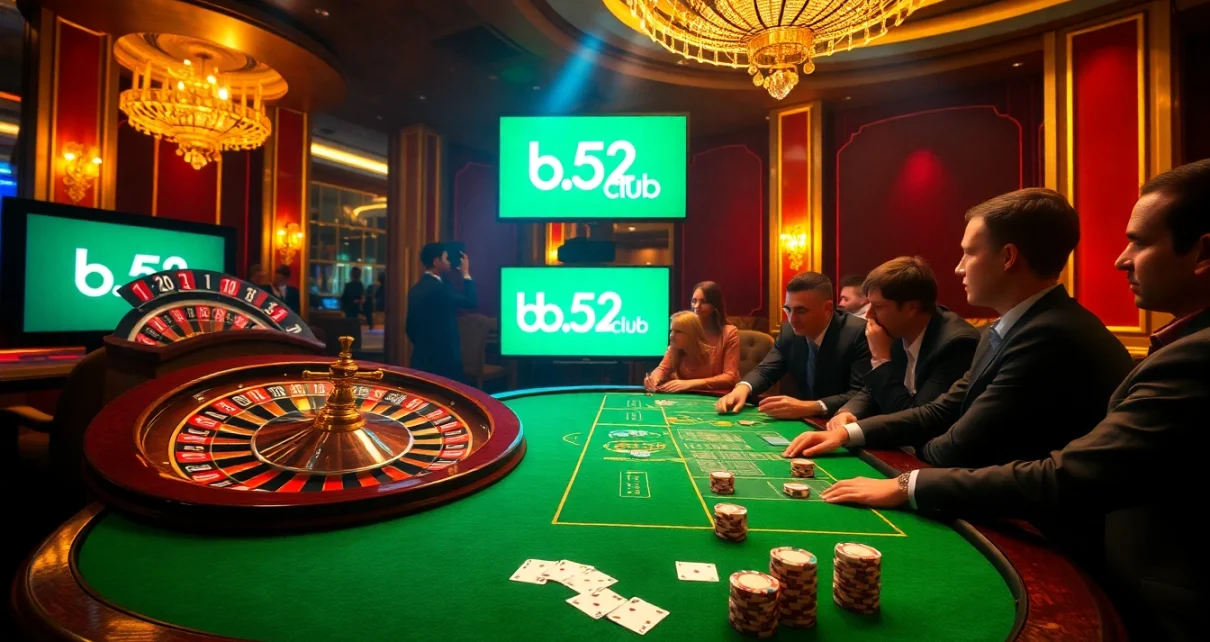 Players enjoying high-stakes games at b52club casino, featuring roulette and poker tables.