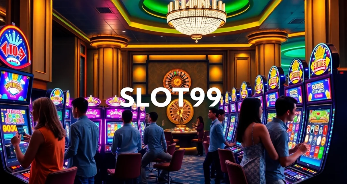 SLOT99 players engaging with vibrant slot machines in a luxurious casino setting