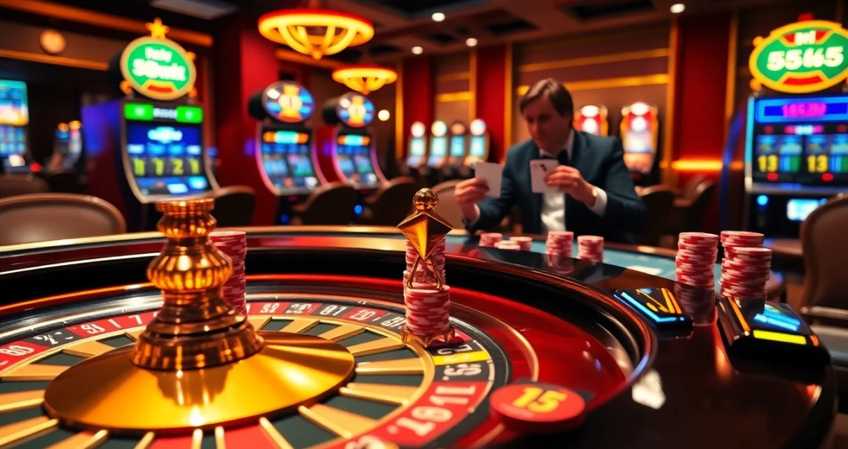 Experience the excitement of casino gameplay with 555win poker chips and a striking roulette table.
