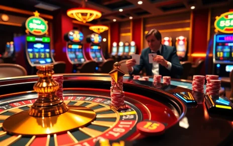 Experience the excitement of casino gameplay with 555win poker chips and a striking roulette table.