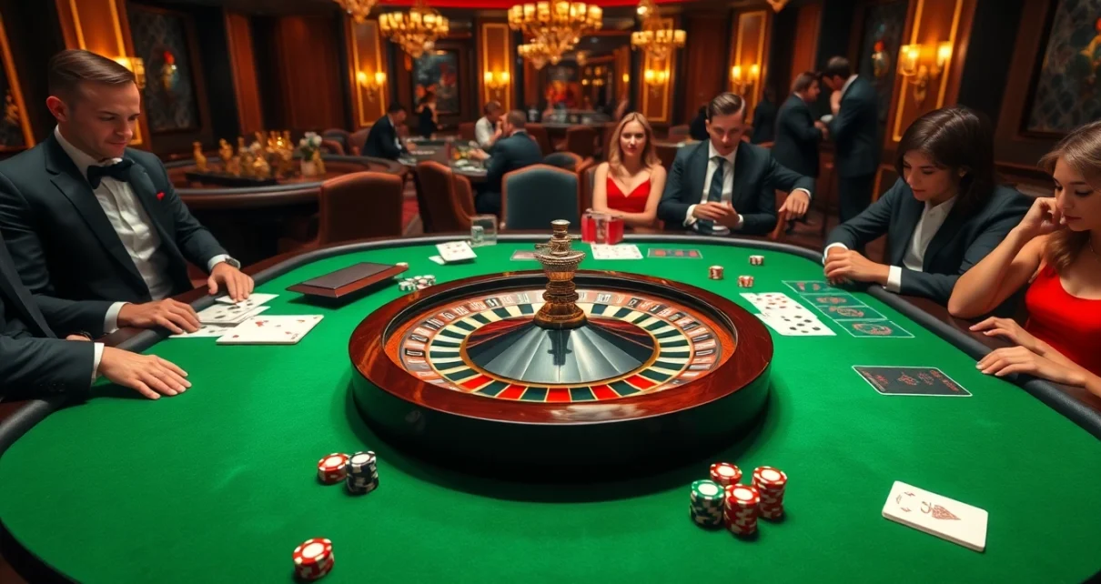 Experience thrilling gameplay at the luxurious casino featuring JL55 roulette and poker tables.