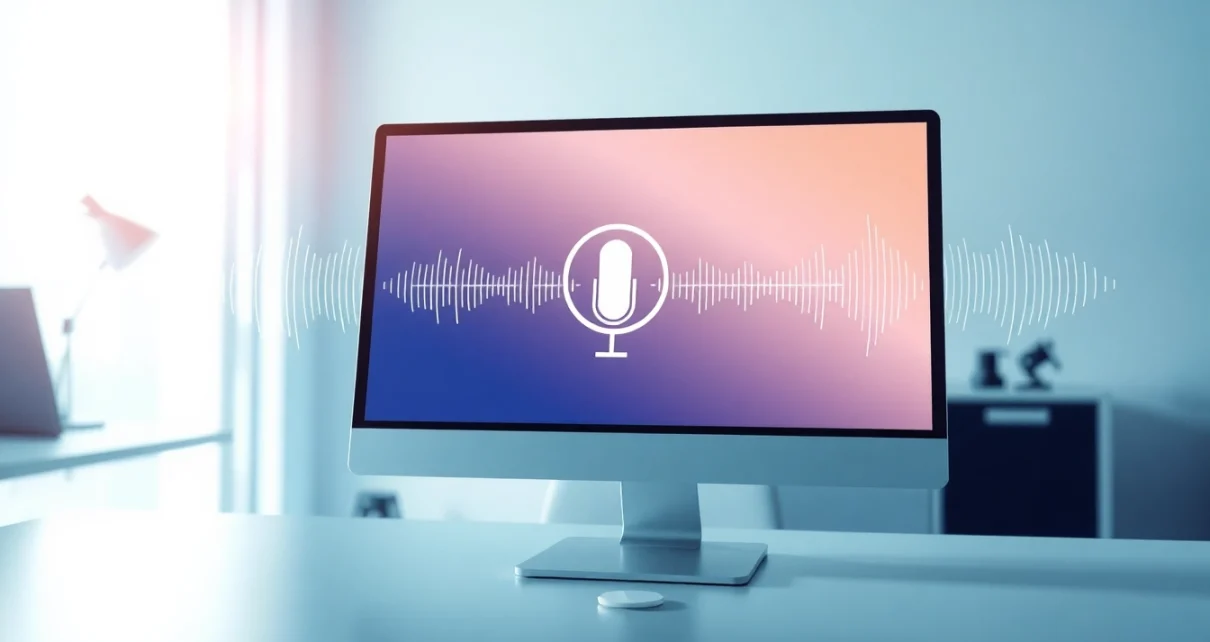Showcasing AI Voice technology in a professional workspace with sound waves.