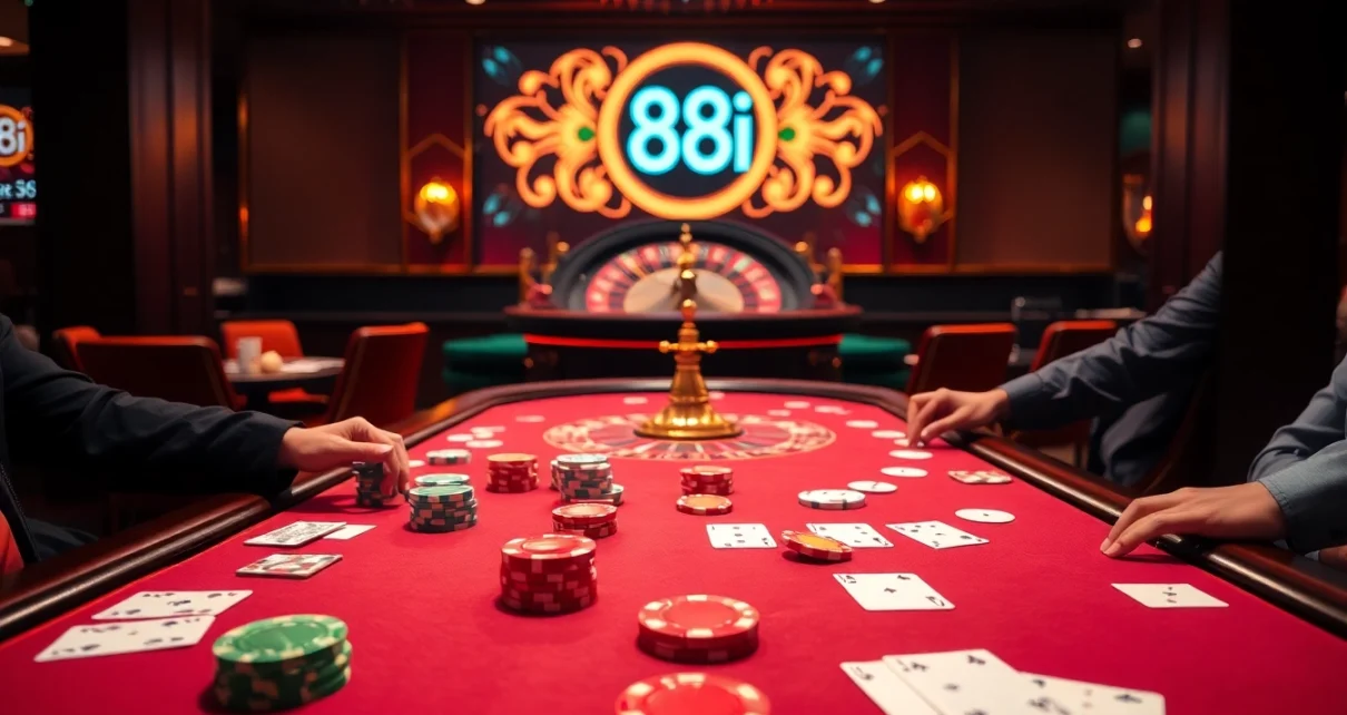 High-stakes gaming at a luxurious casino featuring 88i branding with vibrant chips and cards.