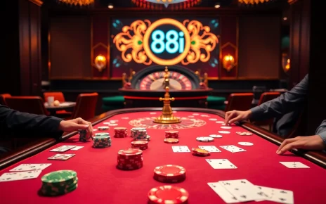 High-stakes gaming at a luxurious casino featuring 88i branding with vibrant chips and cards.