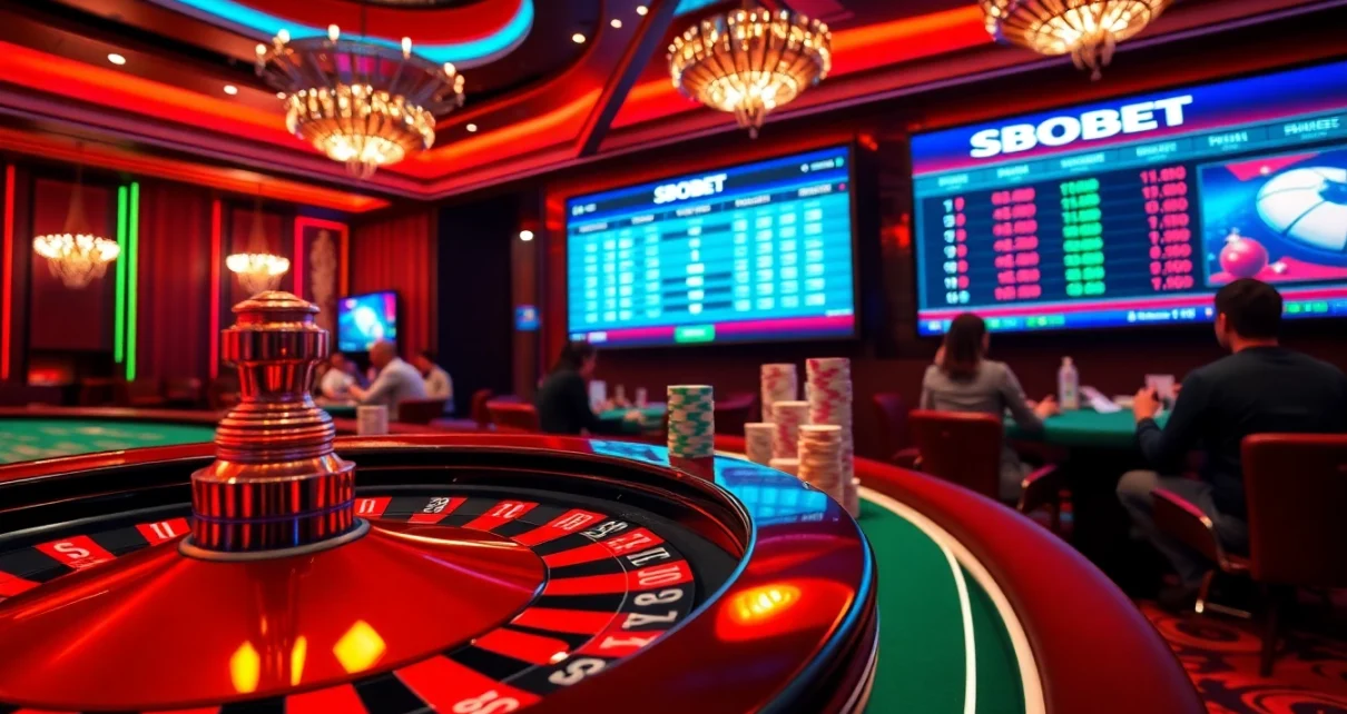 SBOBET betting excitement visualized with poker chips and a roulette wheel under luxurious casino lighting.