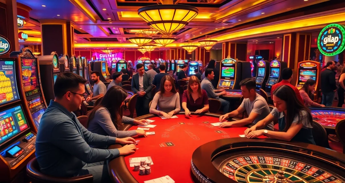 Players enjoying a thrilling casino experience with gilajp branding, celebrating wins at the tables.