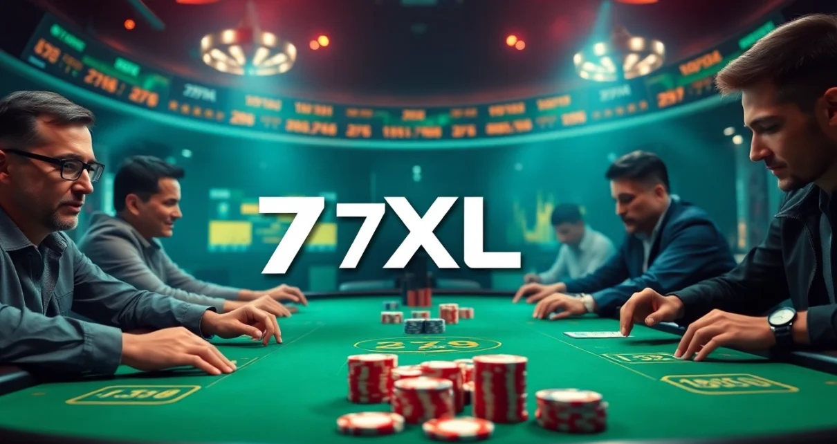 סצנת פוקר מקוונת דינמית המציגה את לוגו 7xl סוכן עם שחקנים נלהבים סביב שולחן וירטואלי.