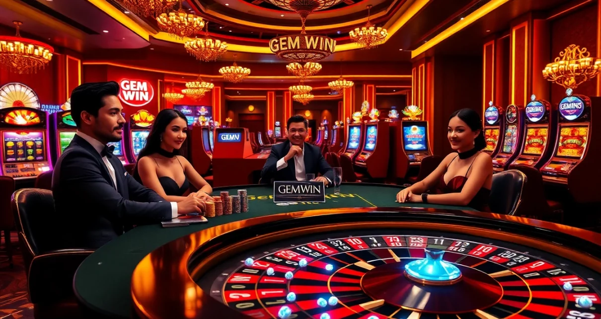 GEM WIN logo atop a luxurious poker table with casino chips and a roulette wheel.