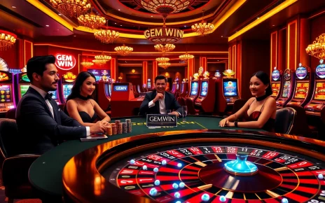 GEM WIN logo atop a luxurious poker table with casino chips and a roulette wheel.