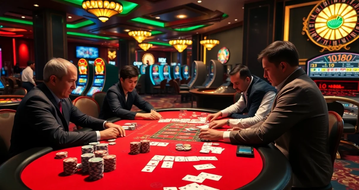 Stake your nh88 chips at a luxurious poker table with intense players and vibrant casino elements.