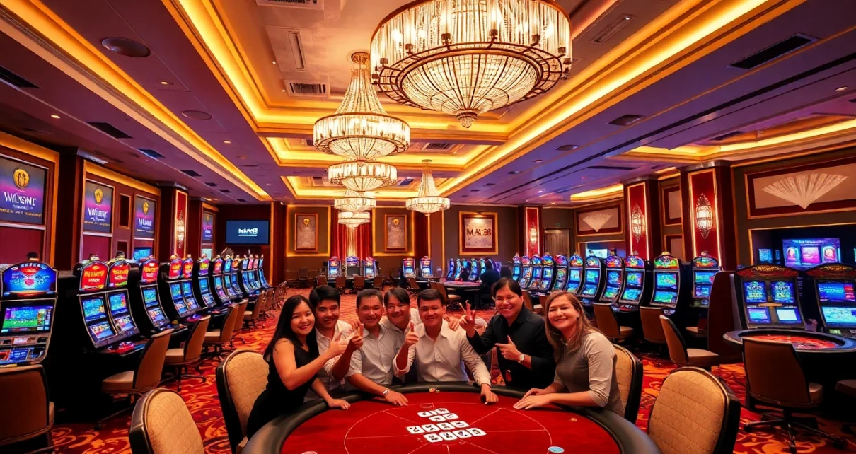 Excited players at Man 88 celebrate a win at a luxurious casino poker table.
