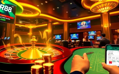 Players enjoying a thrilling casino experience at RR88 with vibrant gaming tables and roulette wheels.