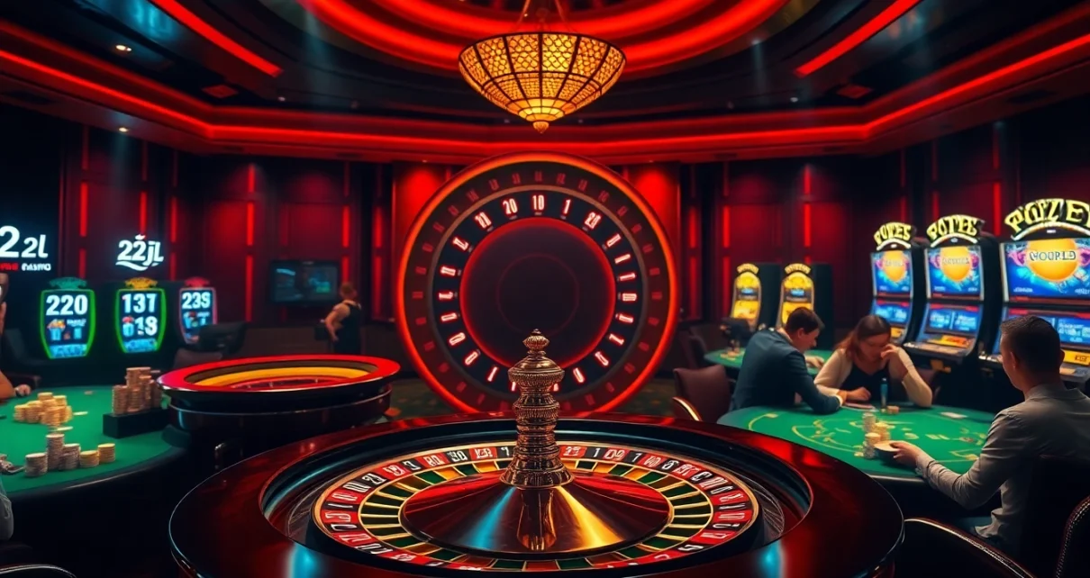 Exciting casino gaming atmosphere featuring 22JL logo with roulette wheel and poker table.