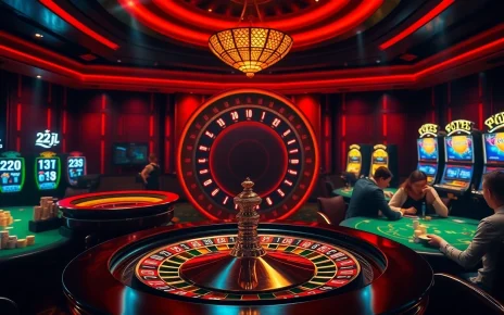 Exciting casino gaming atmosphere featuring 22JL logo with roulette wheel and poker table.