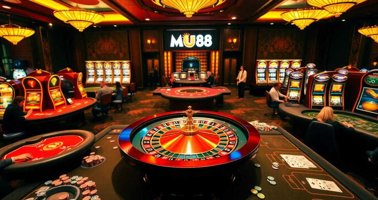 Experience the thrill of Mu88 casino with vibrant tables, roulette, and colorful chips.