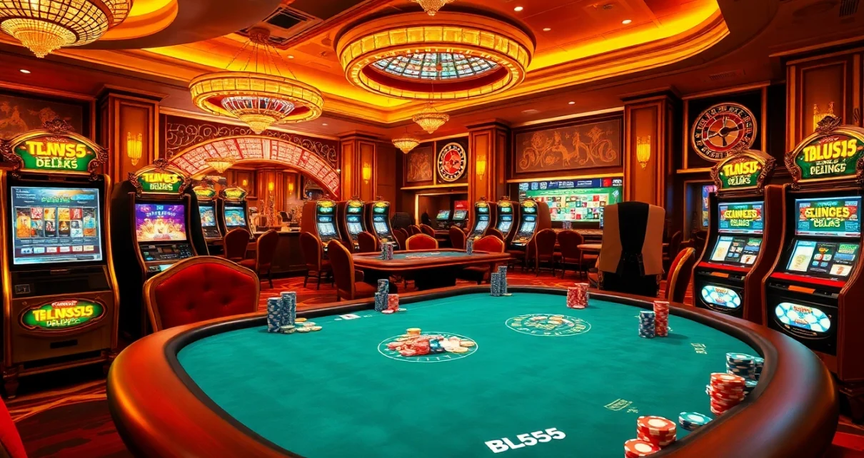 Engaging scene with Nhà cái BL555 featuring luxurious poker tables, vibrant slot machines, and excited players.