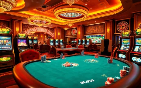 Engaging scene with Nhà cái BL555 featuring luxurious poker tables, vibrant slot machines, and excited players.
