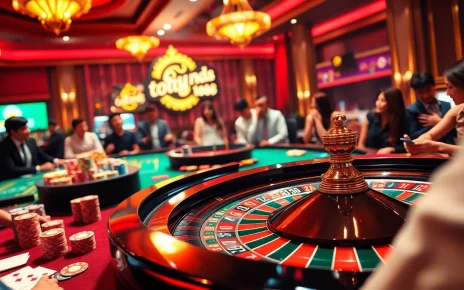 Experience thrilling gameplay at raja toto88 with vibrant poker chips and an exciting roulette wheel.