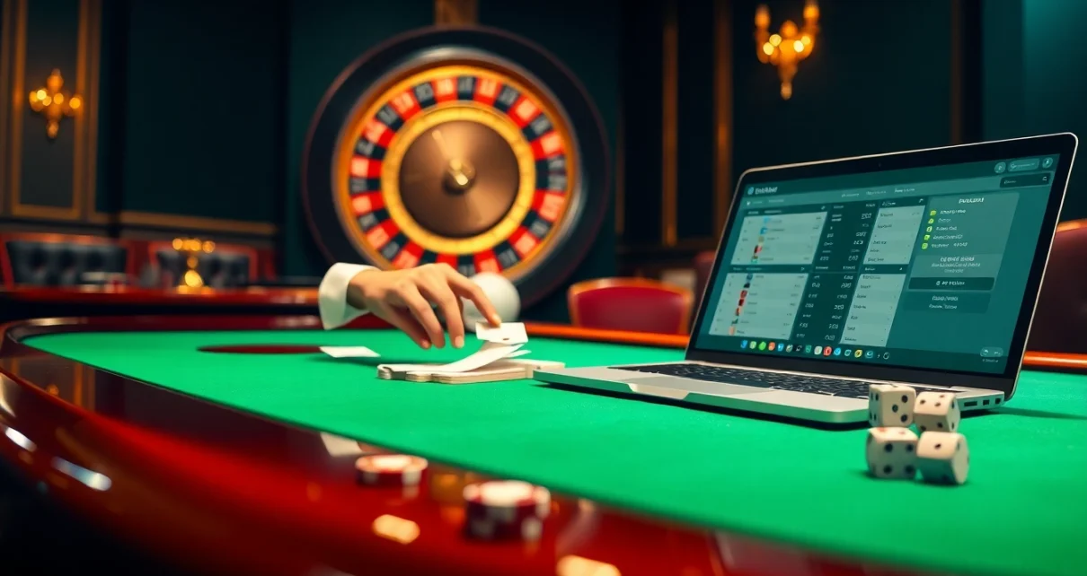 Betting Online Now with a vibrant casino theme featuring cards, chips, and laptop interface.