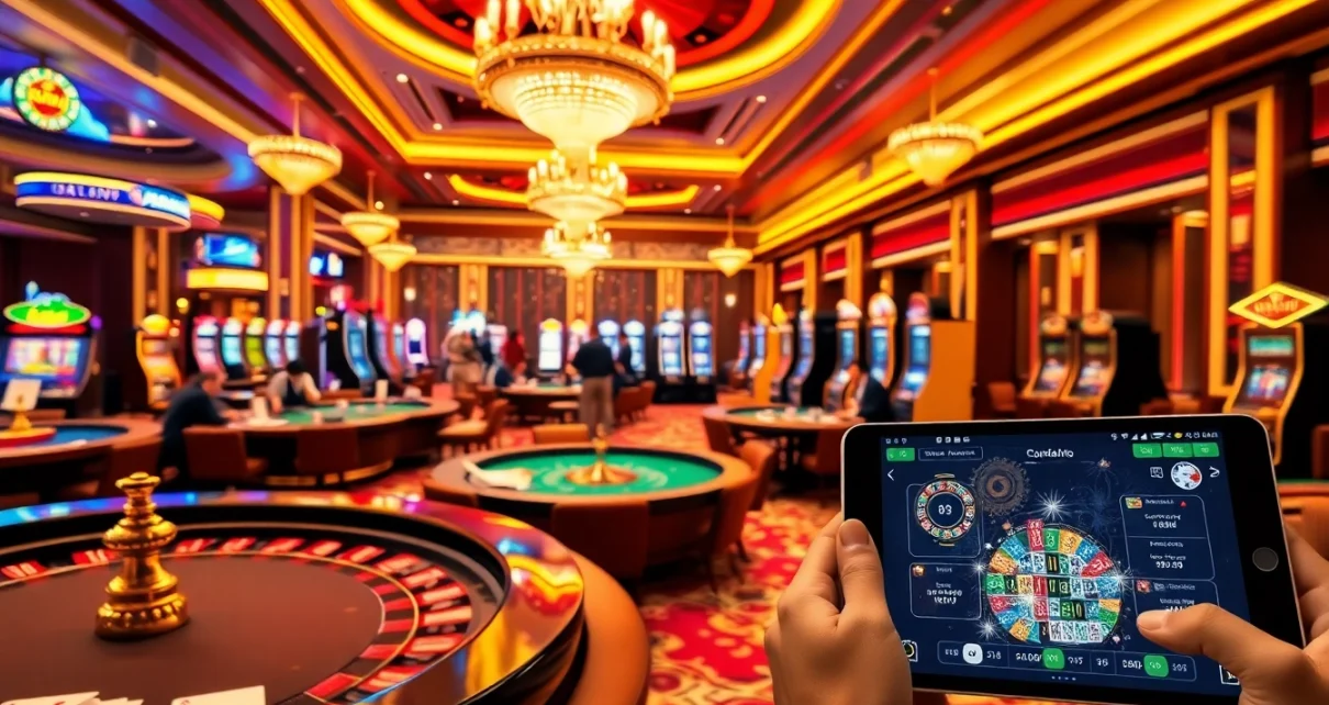 Experience bancadoithuong excitement with players engaged in thrilling casino games and vibrant decorations.