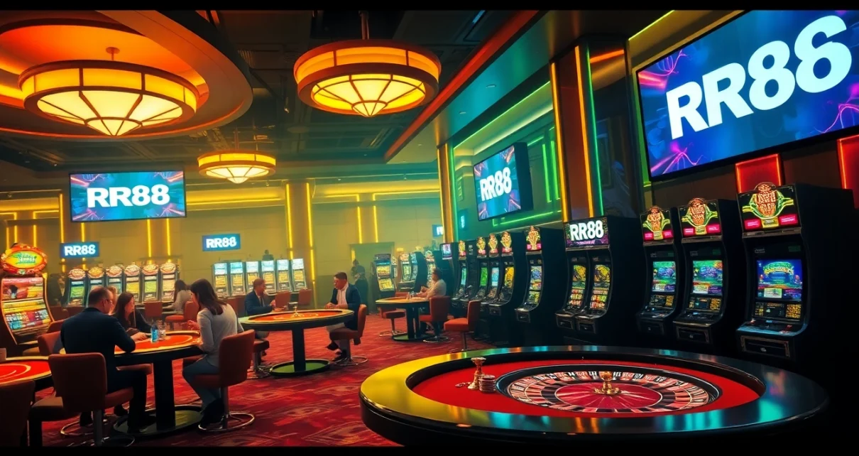 Exciting scene of gamblers enjoying diverse games at RR88 casino, with vibrant colors and luxurious atmosphere.