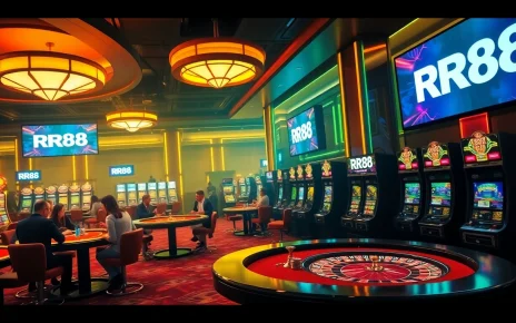 Exciting scene of gamblers enjoying diverse games at RR88 casino, with vibrant colors and luxurious atmosphere.