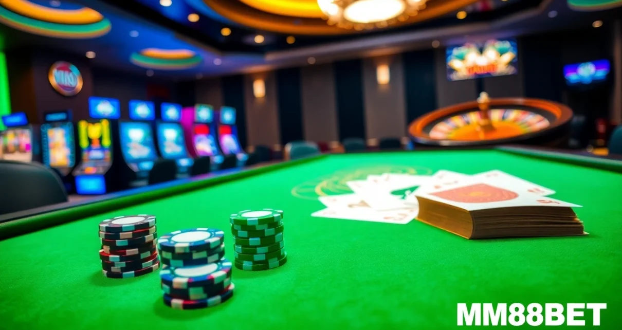 Experience the excitement of MM88BET with vibrant casino tables, poker chips, and cards.