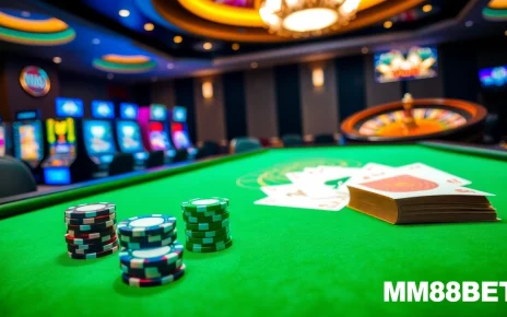 Experience the excitement of MM88BET with vibrant casino tables, poker chips, and cards.