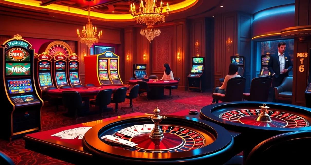 Players enjoying thrilling gameplay at an MK8 online casino with vibrant slot machines and roulette tables.