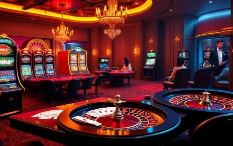 Players enjoying thrilling gameplay at an MK8 online casino with vibrant slot machines and roulette tables.