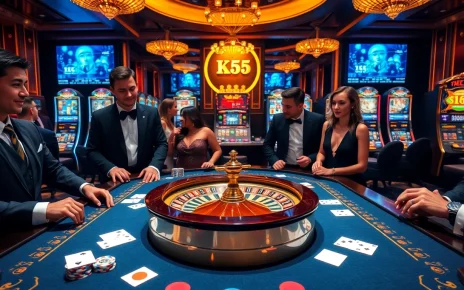 Players enjoying a game at KK55 casino, showcasing vibrant poker chips and a roulette wheel.