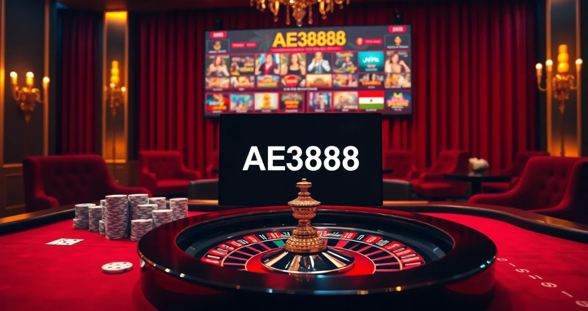 Experience the thrill of AE3888 with vibrant casino elements like poker chips and roulette.