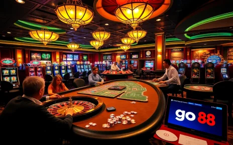 Go88 players enjoying a thrilling night at a luxurious casino with vibrant gaming tables.