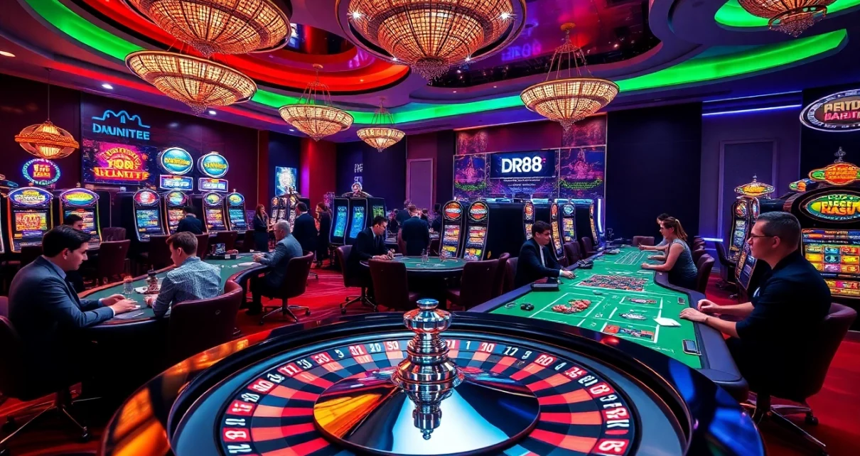 Gamblers enjoying a luxury atmosphere at the DR88 casino with roulette and poker.