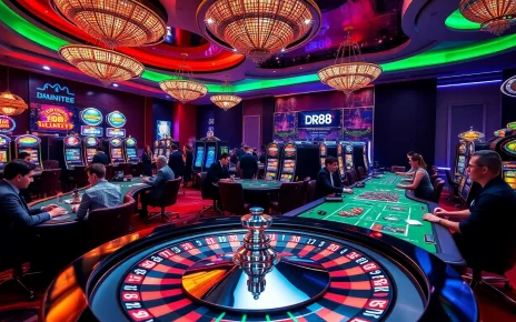 Gamblers enjoying a luxury atmosphere at the DR88 casino with roulette and poker.