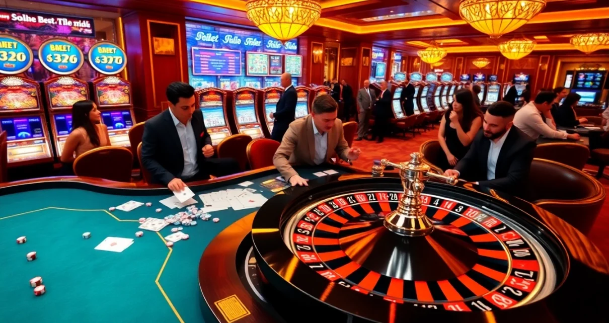 Players enjoying a thrilling gambling experience at Soibet's luxurious casino, featuring slot machines and poker tables.