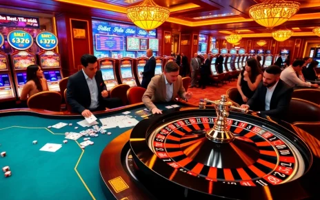 Players enjoying a thrilling gambling experience at Soibet's luxurious casino, featuring slot machines and poker tables.