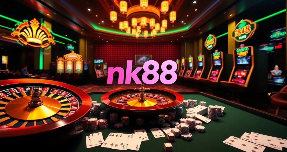 Experience thrilling bets at NK88's modern casino gaming table with vibrant chips and cards.