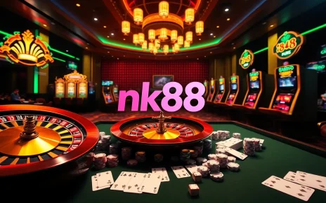 Experience thrilling bets at NK88's modern casino gaming table with vibrant chips and cards.