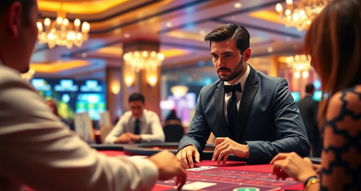 에볼루션 바카라에 매료된 딜러와 플레이어들이 몰입하는 카지노 장면