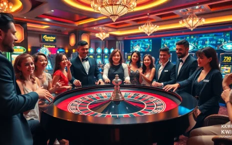 Experience the thrill of gambling at https://kkwin.diy/ with a dynamic casino scene featuring lively roulette play.