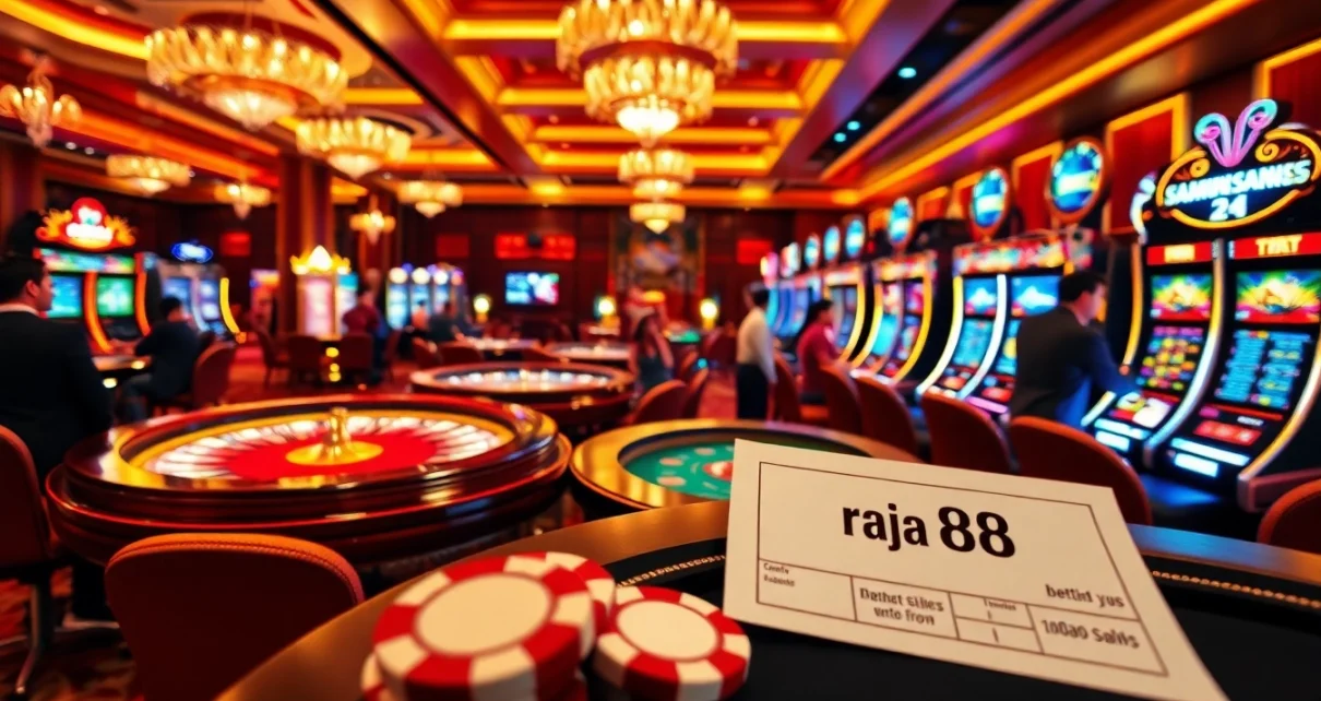 Exciting gaming table featuring 'raja 88' betting slips among vibrant casino visuals.