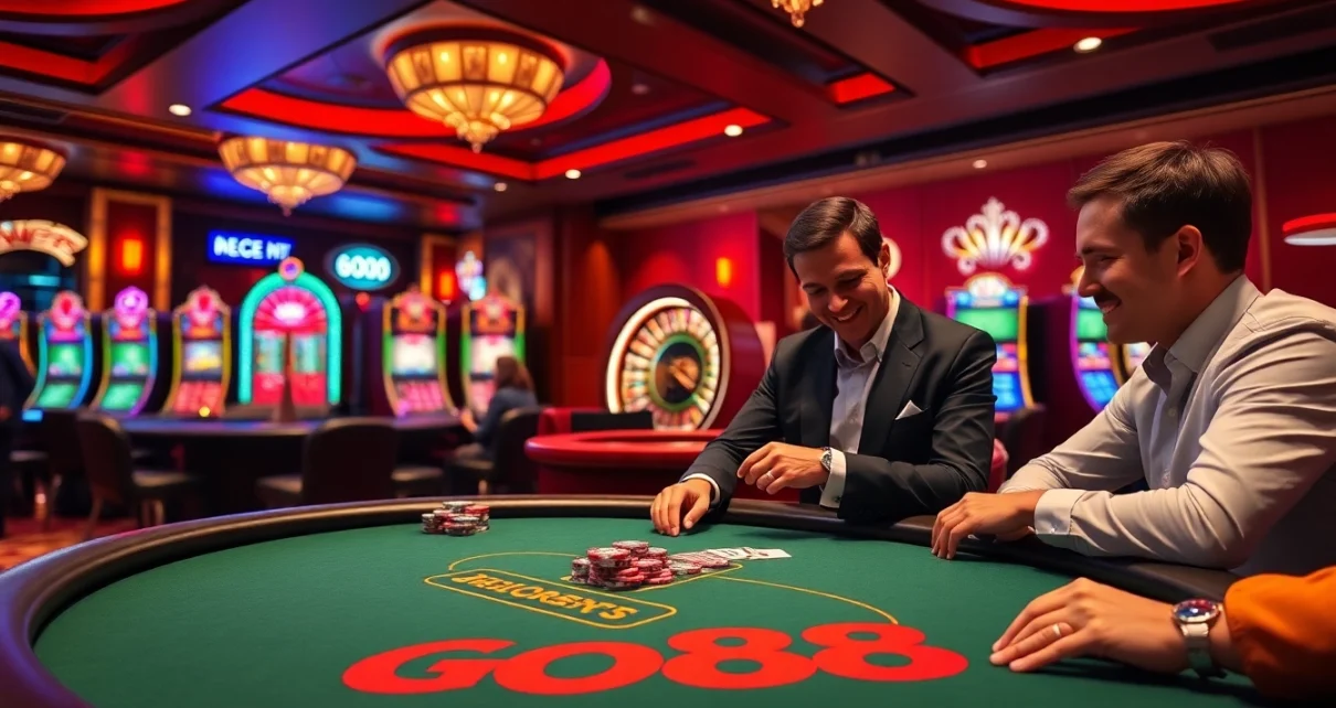 GO88 players enjoying an exciting poker game at a vibrant casino table.