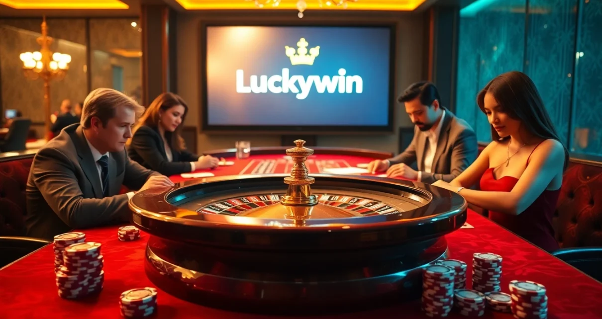 Gambling action featuring Luckywin roulette table and poker chips in a luxurious casino setting.