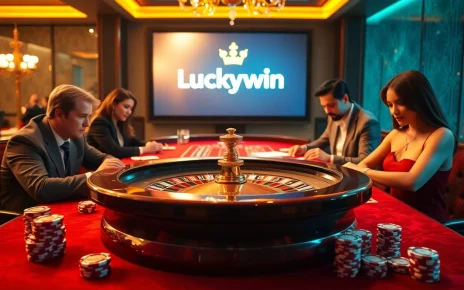 Gambling action featuring Luckywin roulette table and poker chips in a luxurious casino setting.