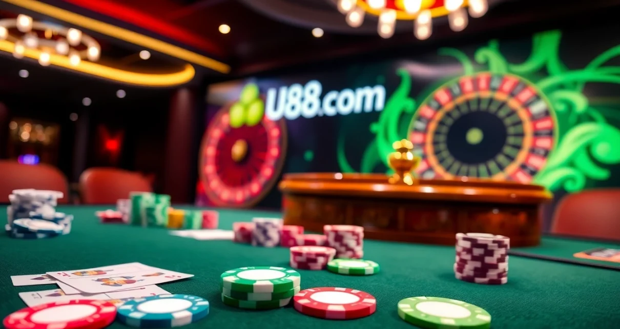 Experience exhilarating games at U888 com with vibrant casino tables and poker chips.