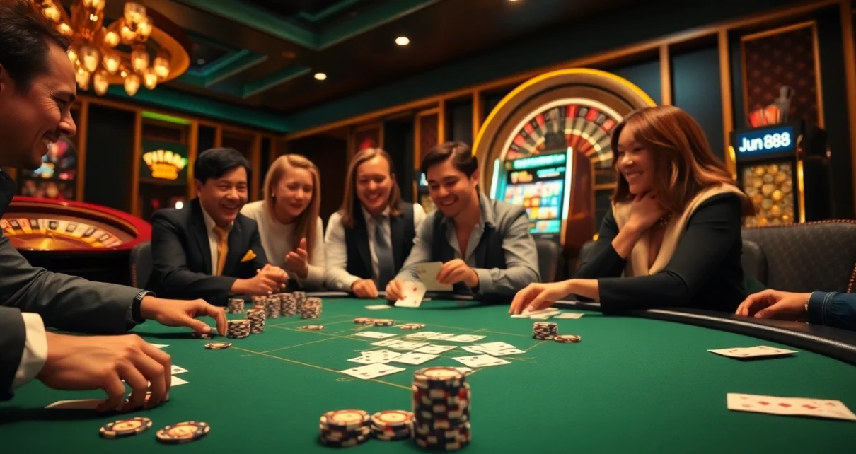 Players enjoying a thrilling game at Jun88's sophisticated casino table.