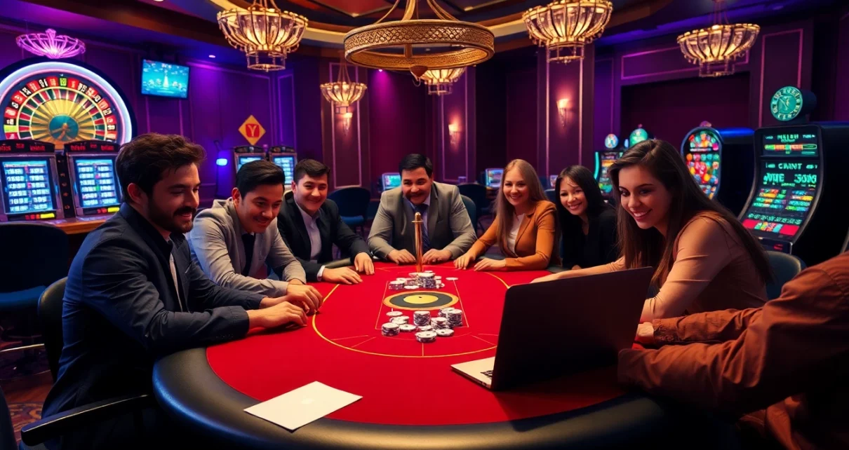Players at a high-stakes poker game showcasing excitement at https://c168.it.com with vibrant casino elements.