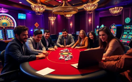 Players at a high-stakes poker game showcasing excitement at https://c168.it.com with vibrant casino elements.